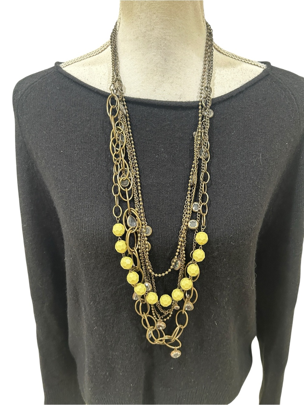 Vintage 1990’s Layered multi strand long pea green Bead & Bronze Chain Necklace